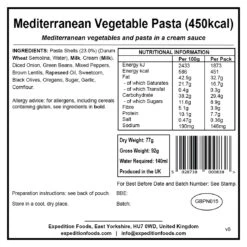 Expedition Foods Mediterranean Vegetable Pasta -Outdoor Research Store mediterranean vegetable pasta 450kcal v8 label
