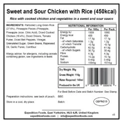 Expedition Foods Sweet And Sour Chicken With Rice -Outdoor Research Store sweet and sour chicken with rice 450kcal v5 label