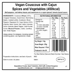 Expedition Foods Vegan Couscous With Cajun Spices And Vegetables -Outdoor Research Store vegan couscous with cajun spices and vegetables 450kcal v3 label