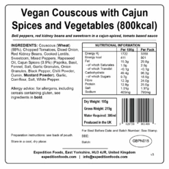 Expedition Foods Vegan Couscous With Cajun Spices And Vegetables -Outdoor Research Store vegan couscous with cajun spices and vegetables 800kcal v3 label