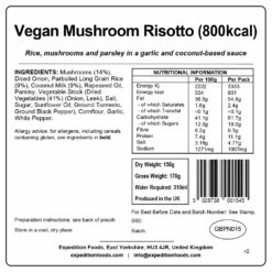 Expedition Foods Vegan Mushroom Risotto -Outdoor Research Store vegan mushroom risotto 800kcal v2 label